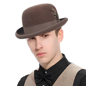 Men's Wool Bowler Hats - Felt Derby Dress Hat - Rolled Brim Fedora with Feath... - Picture 1 of 5