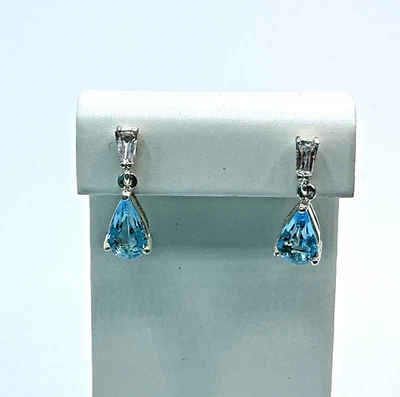 Blue Topaz Teardrop Dangle Drop Pierced Earrings Silver Tone With 14k Gold Posts - Image 1 of 4