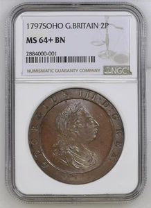 1797 Great Britain 2 Pence NGC MS 64+ BN Large Copper Cartwheel Graded MS64 PLUS - Picture 1 of 4
