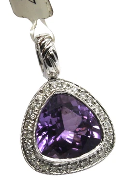 18k Solid White Gold Natural Diamond & Amethyst Triangle Pendant  ( 0.37 ctw) - Image 1 of 4