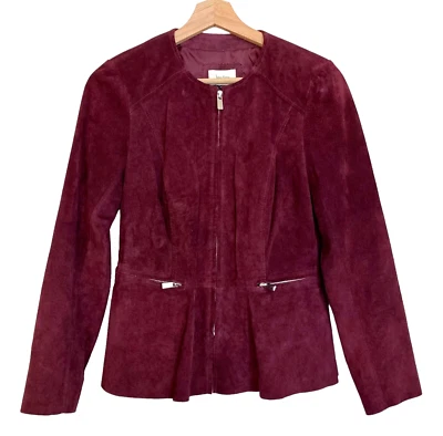 NEIMAN MARCUS Mujer Chaqueta XS Gamuza Blazer Cuero Sin Cuello Cremallera Vino Púrpura Foto 1 de 4