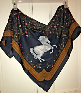 Unicorn  Scarf Vtg 1980s Floral Midnight Blue Brown White Red Medieval Fayre EXC