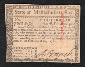 5. Mai 1780 8 $ Eight Dollar Massachusetts Kolonialgeldschein - Bild 1 von 2