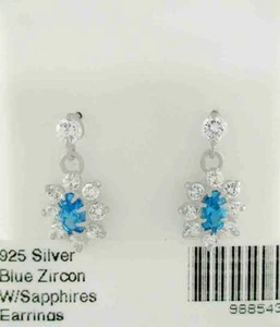 LAB BLUE ZIRCON 0.58 Cts & WHITE SAPPHIRE DANGLING EARRINGS .925 SILVER - Picture 1 of 3