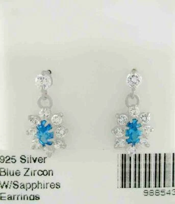 LAB BLUE ZIRCON 0.58 Cts & WHITE SAPPHIRE DANGLING EARRINGS .925 SILVER - Image 1 of 3