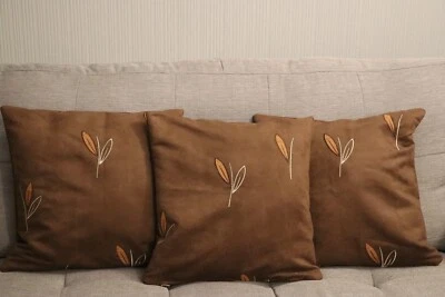 Cushion cover handmade 3 x 17''x17'' suede leaves & twigs embroidered pattern - Image 1 of 3