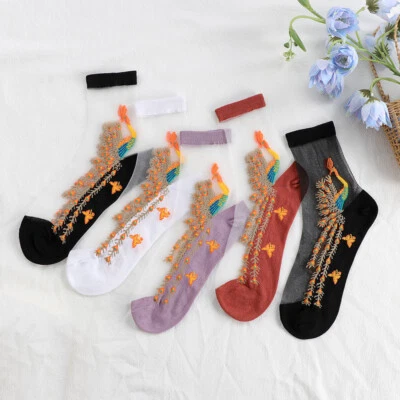 女士透明花朵花边袜水晶丝绸短踝薄袜夏季  — 第 1/4 张图片