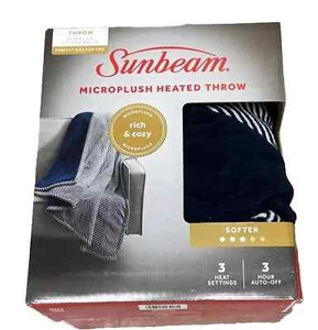 Sunbeam Electric Throw Blanket (50" x 60") Navy Herringbone  Microplush Cozy - Picture 1 of 4