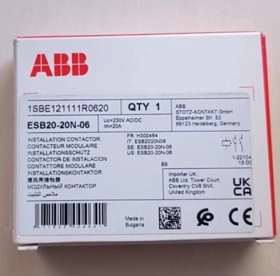 1pc ABB ESB20-20N-06 Installation Contactor 230V AC/DC 1SBE121111R0620  - Image 1 of 2