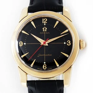 Vintage Omega Seamster Cross Hair Black Dial 34 mm Gold Cap Men Watch C. 1954 - Picture 1 of 15