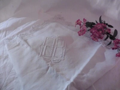 ANCIENNE TAIE D OREILLER PUR LIN BLANC BRODERIE DENTELLE "JR"1 - Photo 1/4