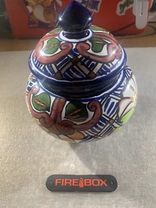 Vintage Talavera Pottery Jar With Lid - Hand Painted Floral Pattern - Signed - Picture 1 of 11