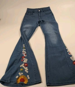 Jeans Light Wash Flare Embroidered Boho SMALL 13" Waist (26") Hippie Stretch - Picture 1 of 13