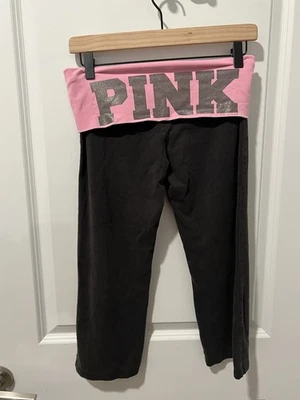 VS Pink Vintage Y2K Fold Over Flare Capri Pink Heart Small Yoga Leggings Capri - Image 1 of 4