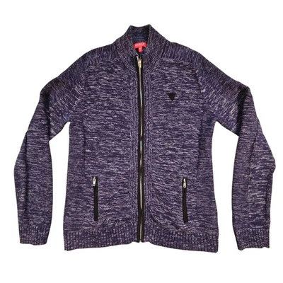 GUESS Men's L Marled Navy Full Zip Mock Neck Knit Cardigan Logo Zipper Pockets - Image 1 of 4