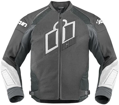 ICON Motorcycle Jacket XL HYPERSPORT PRIME Lined Grey White Leather Padded Vent - Image 1 of 4