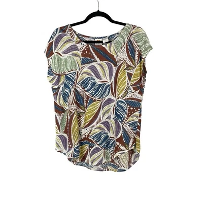C&C California 100% Linen Multicolor Leaf Print Cap Sleeve Blouse Women’s Size L - Image 1 of 4