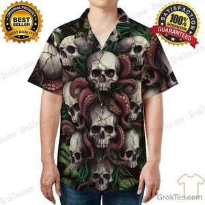 Camicia gotica hawaiana unisex polpo teschio mostro marino horror tropicale scuro - Foto 1 di 7