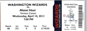 Miami Heat vs Washington Wizards 4/10/2013 Full Ticket - Ray Allen 23 Points - Picture 1 of 2