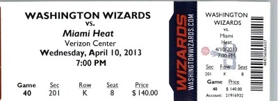 Miami Heat vs Washington Wizards 4/10/2013 Full Ticket - Ray Allen 23 Points - Image 1 of 2