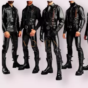 Men's Black Leather Full Suit Genuine Soft Lambskin Shirt and Pant - Picture 1 of 3