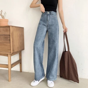 Loose Denim Pants Jeans Trousers Lady Wide Leg High Waist Retro Casual Straight - Picture 1 of 13