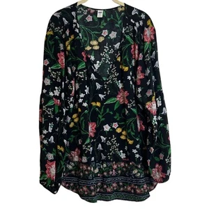 Old Navy Womens Long Sleeve Blouse Size XXL Black Floral Deep V-Neck Pullover - Picture 1 of 6