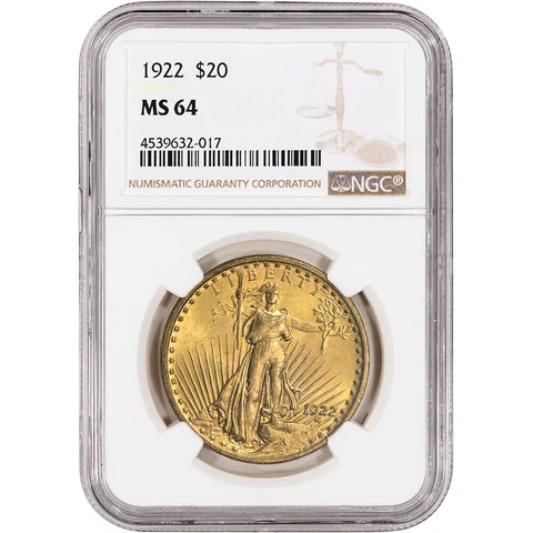 1922 US Gold $20 Saint-Gaudens Double Eagle - NGC MS64 Cover