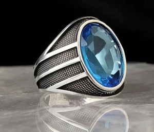Aqua Marin Stone 925 Sterling Men's Ring Handmade Natural Stone Turkish Handmade - Picture 1 of 2