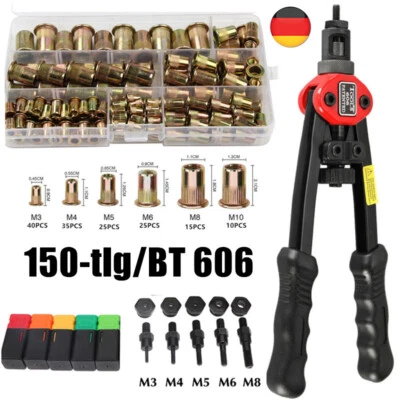 Nietmutternzange Set Gewindenietzange M3 M4 M5 M6 M8  +150 Nietmuttern Nuss - Bild 1 von 4
