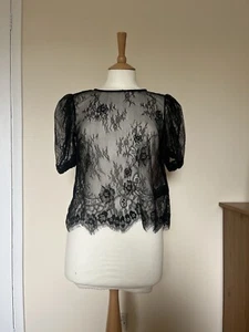 Divided H&M Women’s Cute Black Lace Sheer Blouse Short Sleeve Top - Picture 1 of 8