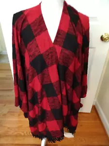 Mossimo Supply Red/Black Plaid Open Front Poncho/Cap Size L/XL-Fringe @ Hemline - Picture 1 of 8