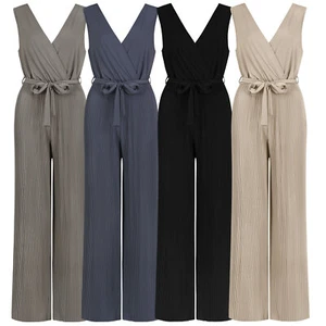 Damen Overall Jumpsuit lange Hose Binde Gürtel Einteiler Plissee Hose - Bild 1 von 25