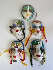 Vintage LOT of FIVE Small CERAMIC MASKS Jester Masquerade FACES Mardi Gras Wall - Picture 1 of 6