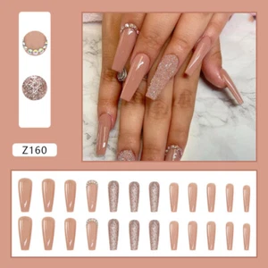 24PCS Artificial Nail Tips Coffin False Nails Wearable Rhinestone Fake Nails✿ x - Picture 1 of 10