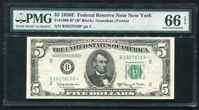 FR. 1966-B* 1950-E $5 *STAR* FEDERAL RESERVE NOTE NEW YORK, NY PMG GEM UNC-66EPQ - Image 1 of 2
