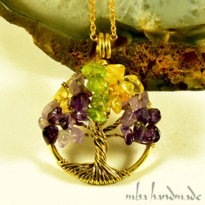 Amethyst Citrin Peridot Lebensbaum Halskette - Messingdraht umwickelt Anhänger - Bild 1 von 4