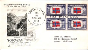 GOLDPATH: US COVER 1943 WA,DC.BLK4.FDC.NORWAY,OCCUPIED NATIONS CV812_P17 - Picture 1 of 2
