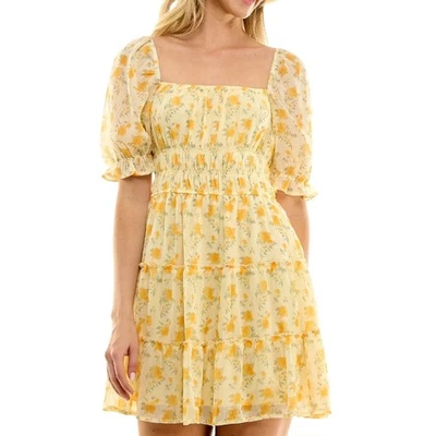 Trixxi Juniors Emma Tiered Ruffle Mini Dress Smocked Waist Yellow Small NWOT - Image 1 of 4