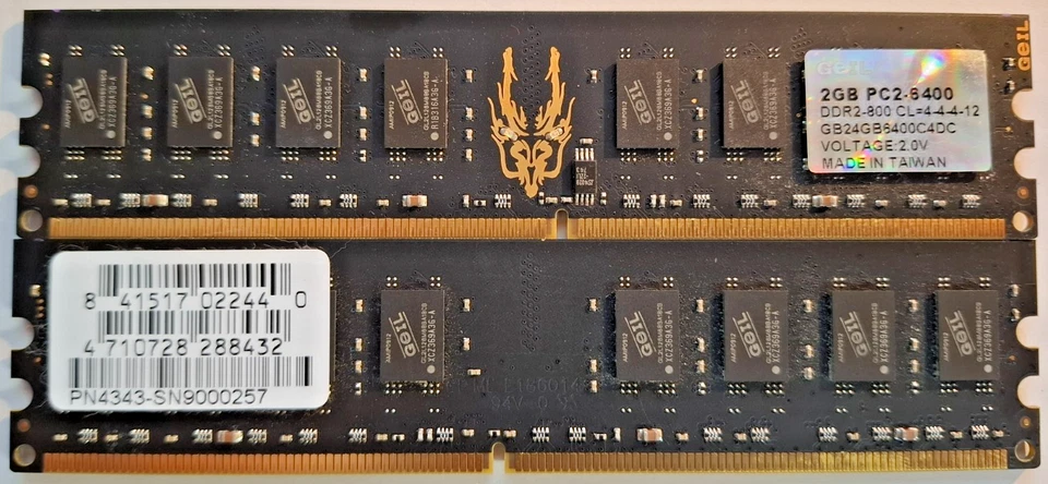 Arbeitsspeicher  4GB 2 x GEIL 2GB PC2-6400 DDR2-800 CL=4-4-4-12 GB24GB6400DC - Bild 1 von 1