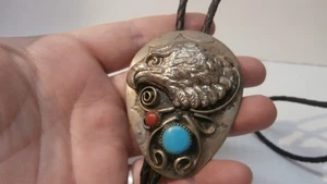 Vintage Native American Silver-Toned Eagle Bolo Tie Turquoise & Red Coral - Picture 1 of 5