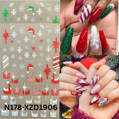 Pegatinas de uñas Feliz Navidad - diseño de rayas de caramelo y reno Foto 1 de 4