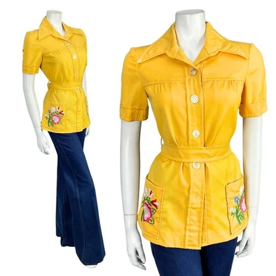 VTG 60S 70S YELLOW PINK WHITE GREEN FLORAL EMBROIDERED TIE WAIST DAGGER SHIRT 8 - Image 1 of 4