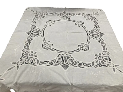 Toalha de mesa bordada vintage branca Battenburg inserções de renda com corte trabalho 52x52 - Imagem 1 de 4