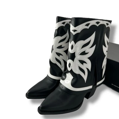 NEW INC Black & White Cowboy Booties Size 6 Western Boots Faux Leather Heeled  - Image 1 of 4