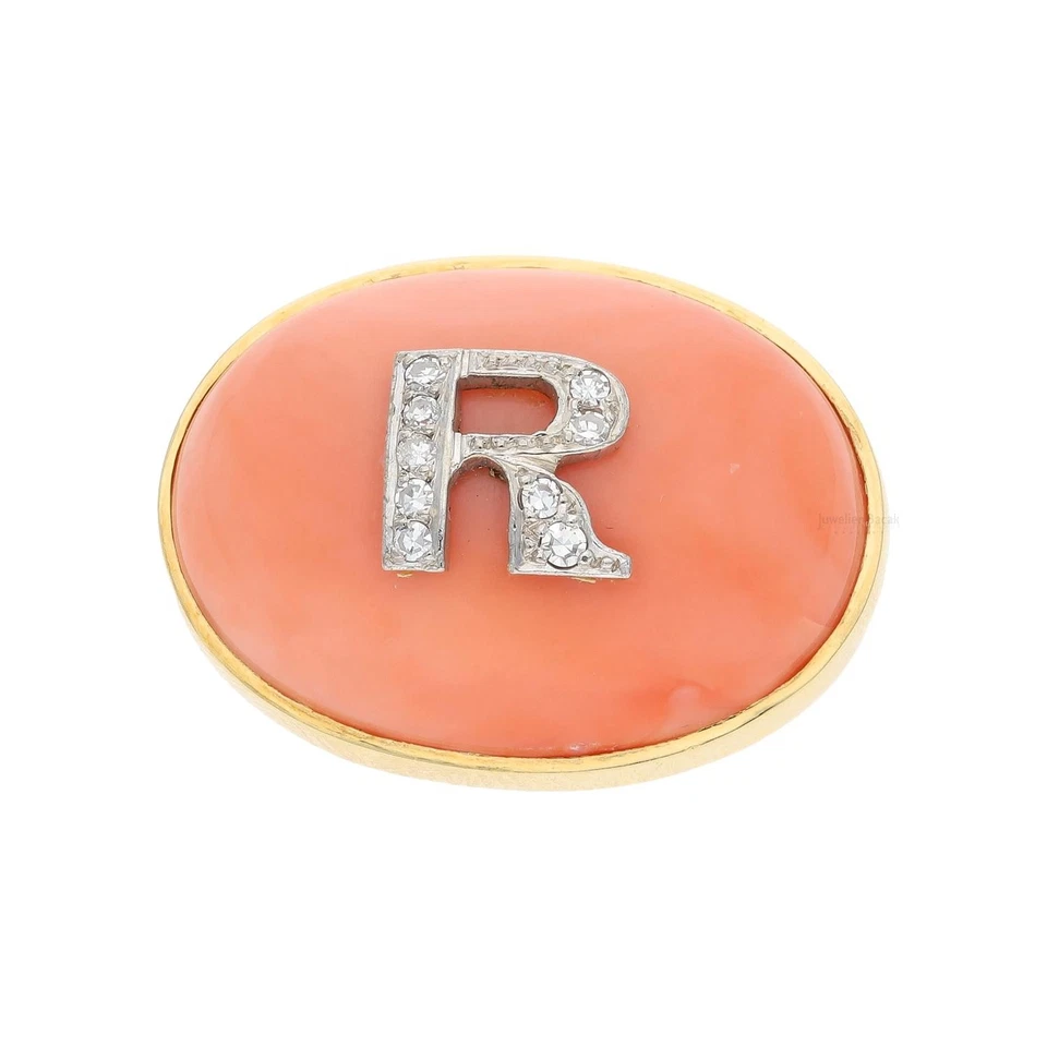 Brosche 750/000 (18 Karat) Gelbgold und Weißgold, mit Diamanten und Koralle, Han - Bild 1 von 4