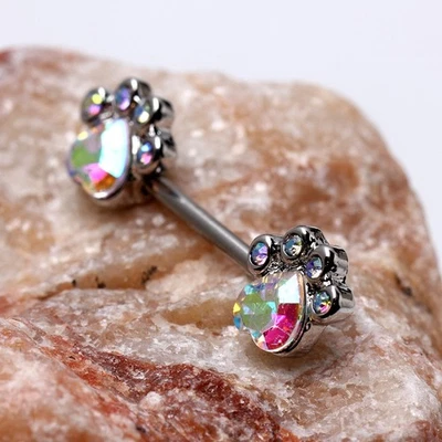 PAIR of 316L Stainless Steel Multi Aurora Borealis CZ Dog Paw Nipple Bar - Image 1 of 3