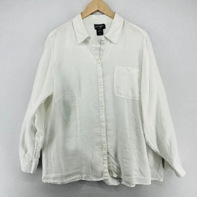 Camisa túnica blanca Lord & Taylor Top para mujer 1X Plus 100 % lino lengüeta enrollable con botones Foto 1 de 4