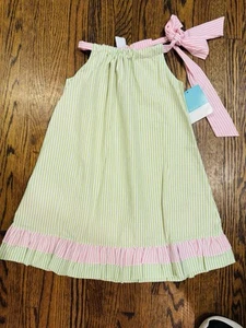 New Anavini Candy Stripe Pink + Green Bow tie Ruffle Dress Size 5 Saks Fifth $70 - Picture 1 of 3