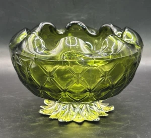 Vtg MCM Indiana Glass Candy Trinket Pedestal Dish Ashtray Green Ruffled Quilted - Imagen 1 de 5